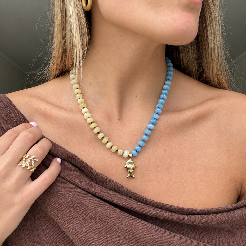 Collar pez amarillo y azul en modelo 1